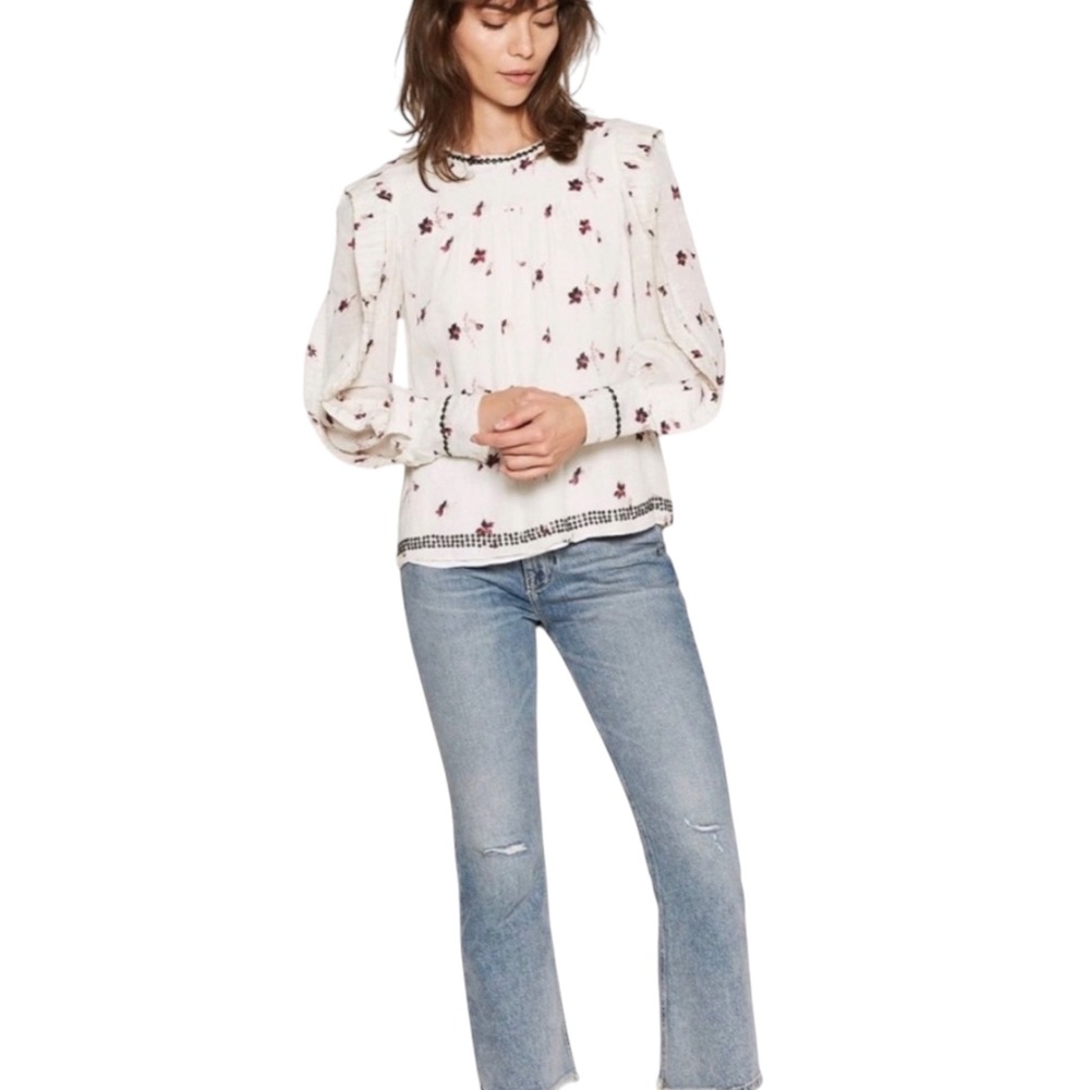 Joie Blouse Womens Medium Cream Purple Leitha Floral Ruffle Sleeve Beaded Boho